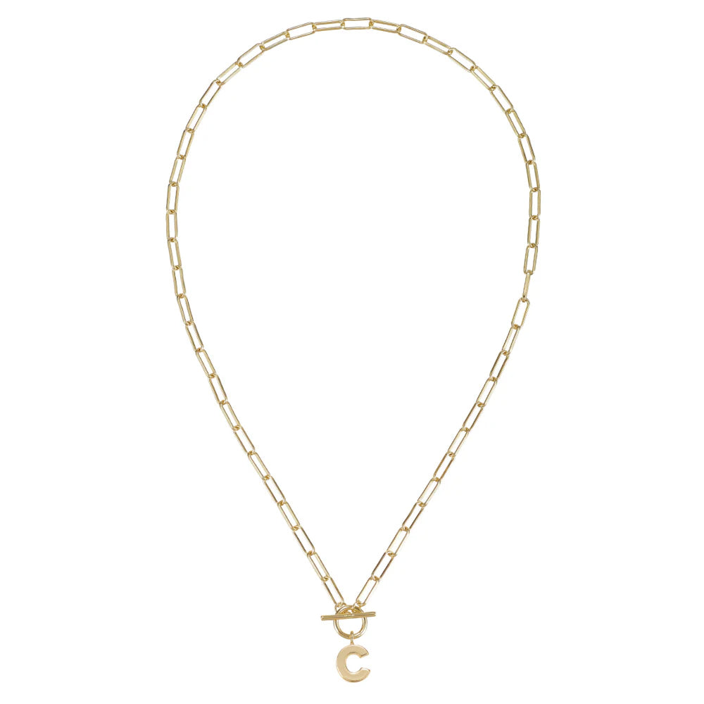 Gold necklace with a letter 'C' pendant on a white background