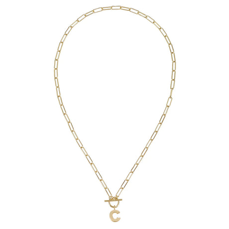 Gold necklace with a letter 'C' pendant on a white background