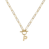 Gold necklace with a 'P' pendant on a white background