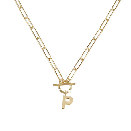 Gold necklace with a 'P' pendant on a white background