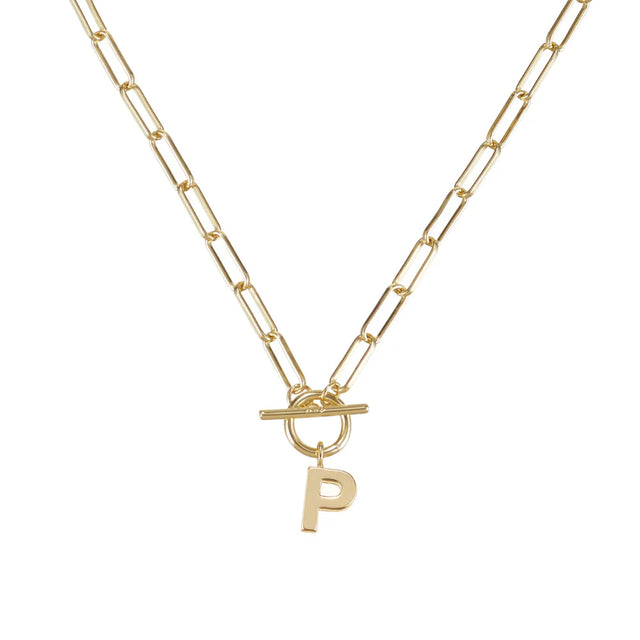 Gold necklace with a 'P' pendant on a white background