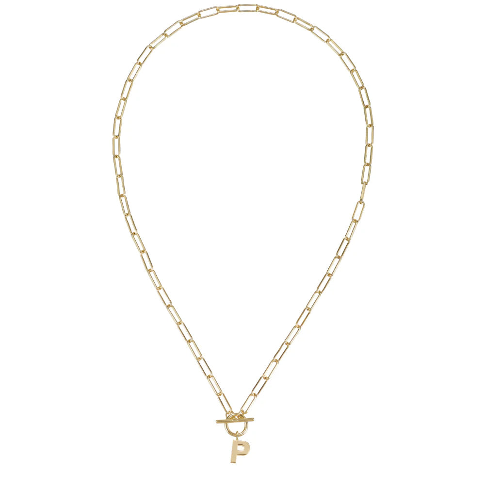 Gold chain necklace with a letter 'P' pendant on a white background