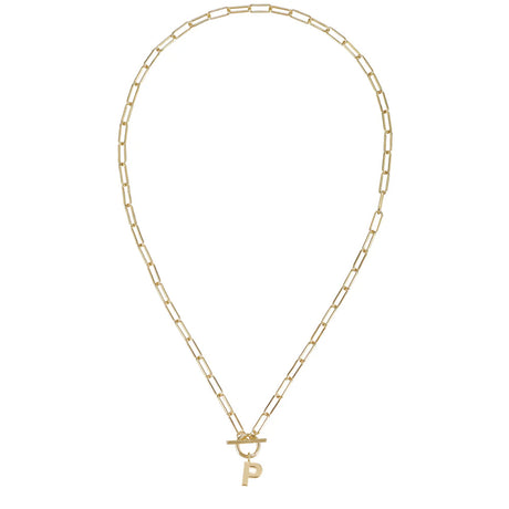 Gold chain necklace with a letter 'P' pendant on a white background