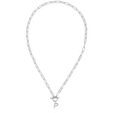 Silver necklace with a letter 'P' pendant on a white background