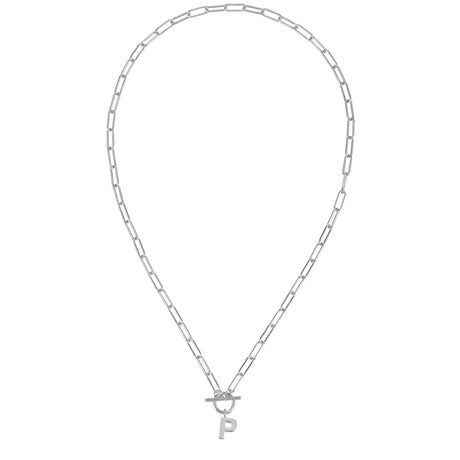 Silver necklace with a letter 'P' pendant on a white background