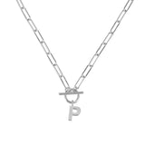 Silver necklace with a letter 'P' pendant on a white background