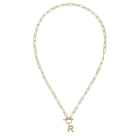 Gold chain necklace with a letter 'R' pendant on a white background