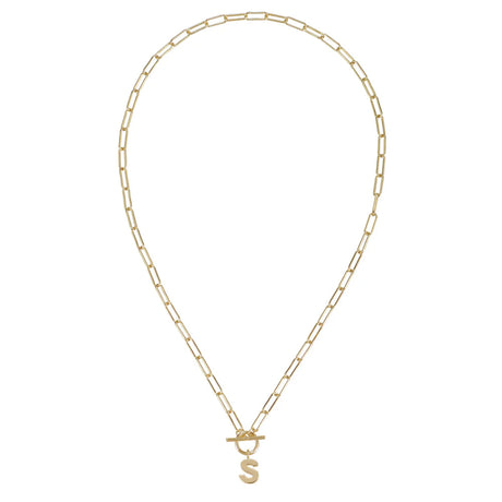 Gold chain necklace with a 'S' pendant on a white background