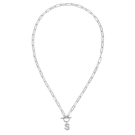 Silver necklace with a 'S' pendant on a white background