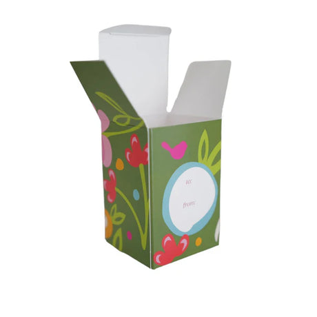 Decorative green box with floral designs on a white background