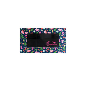 Floral patterned pouch with a brand logo on a white background