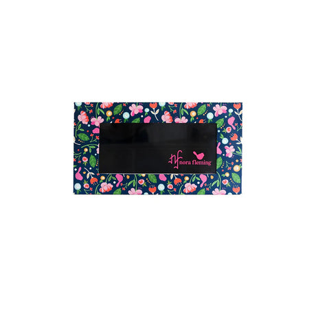 Floral patterned pouch with a brand logo on a white background