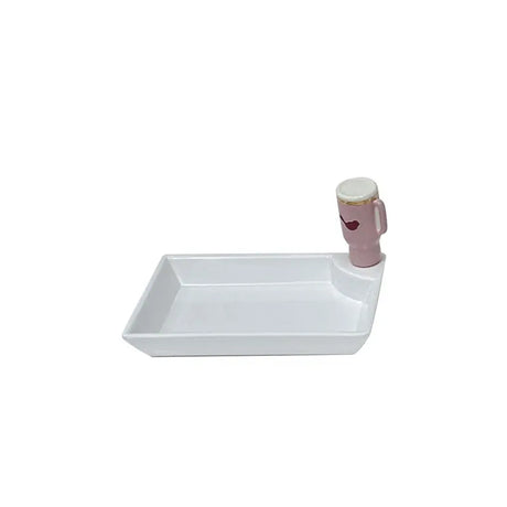 White rectangular tray with a pink mug on a white background