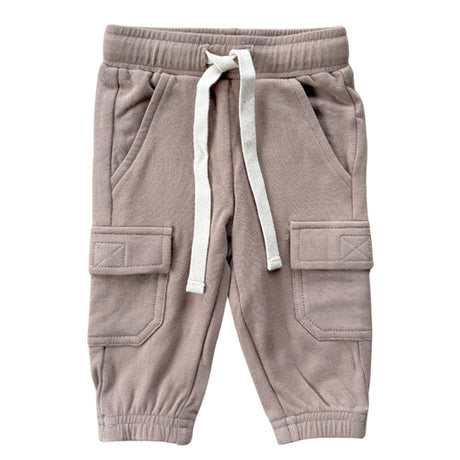 Brown cargo jogger pants with white drawstring on a white background
