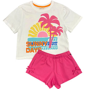 Children's outfit with a t-shirt and pink shorts featuring palm trees and 'Sunny Days' text on a white background.