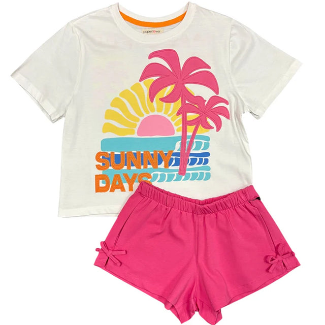 Children's outfit with a t-shirt and pink shorts featuring palm trees and 'Sunny Days' text on a white background.