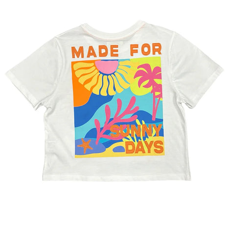 White t-shirt with colorful graphic and 'Made for Sunny Days' text on a white background