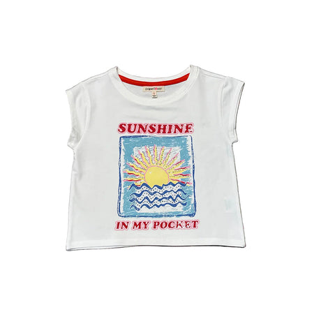 White sleeveless top with 'Sunshine in my pocket' graphic design on a white background