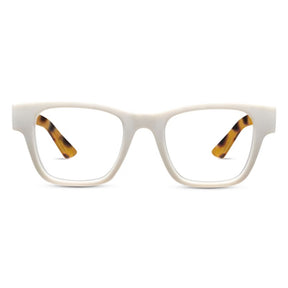 White eyeglasses with tortoiseshell accents on a white background