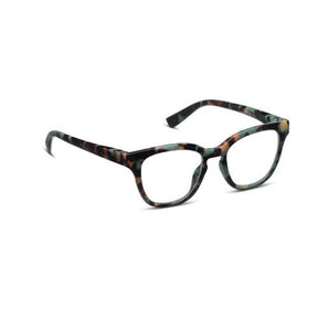 Green tortoiseshell cat-eye glasses on a white background