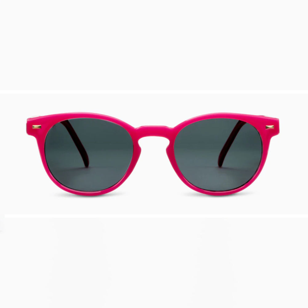 Pink sunglasses with dark lenses on a white background