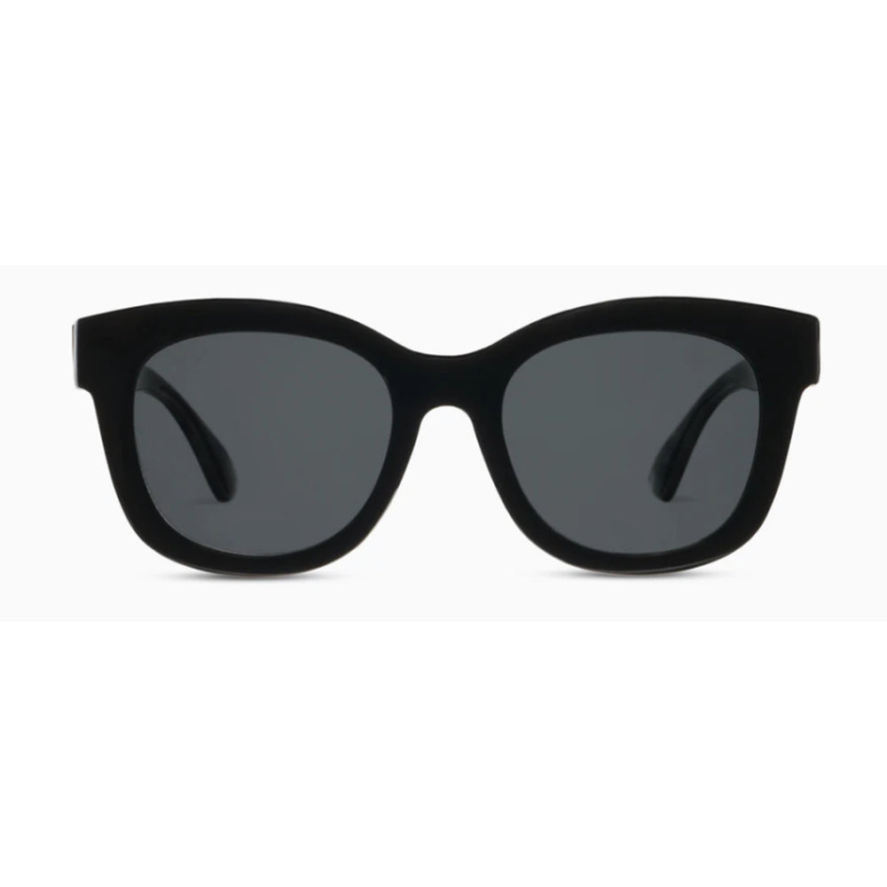 Black sunglasses with dark lenses on a white background