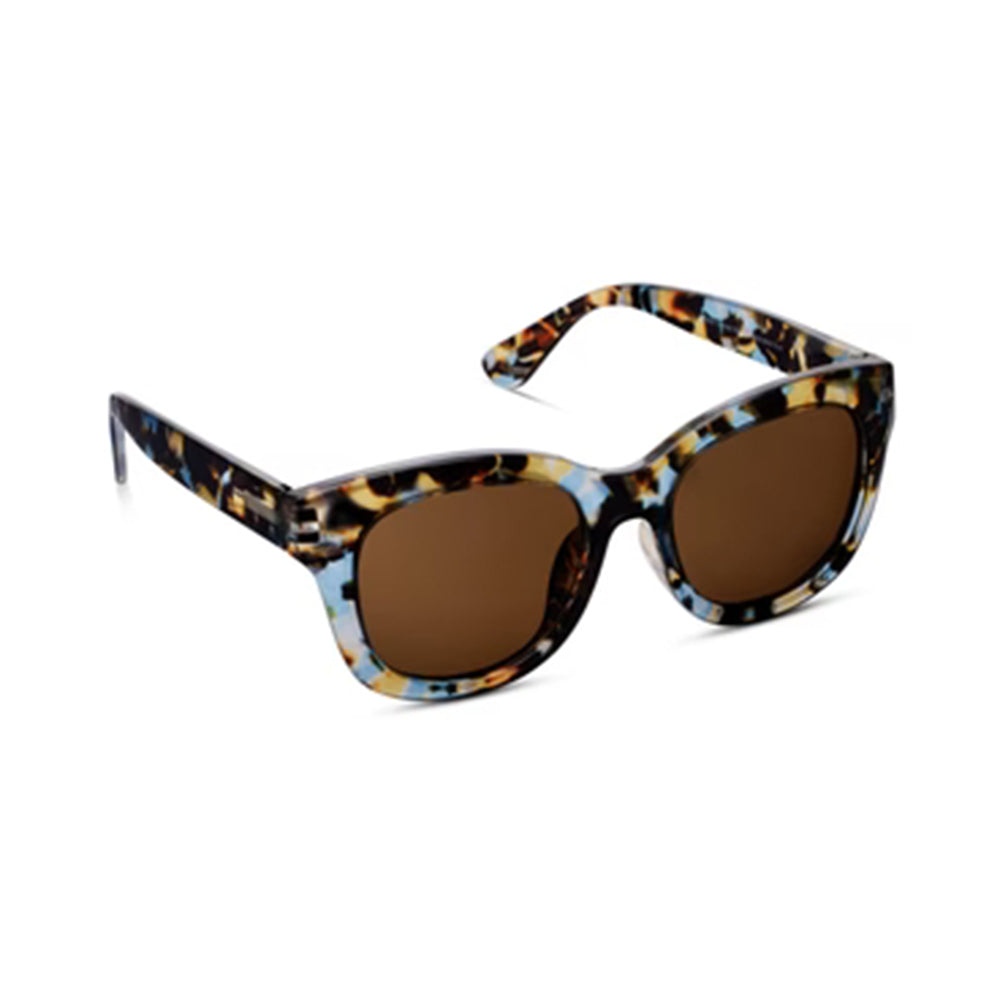 Sunglasses with tortoiseshell frame and brown lenses on a white background