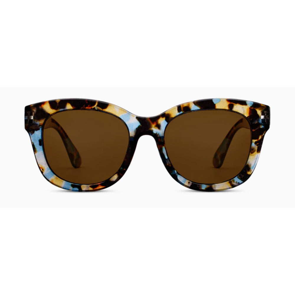 Sunglasses with tortoiseshell frame and brown lenses on a white background