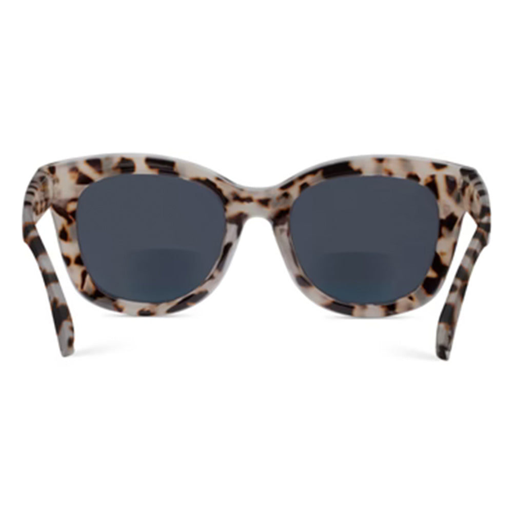 Sunglasses with leopard print frame and dark lenses on a white background
