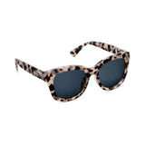Sunglasses with tortoiseshell frame and dark lenses on a white background