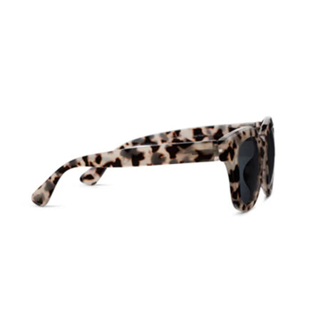 Sunglasses with leopard print frame and dark lenses on a white background