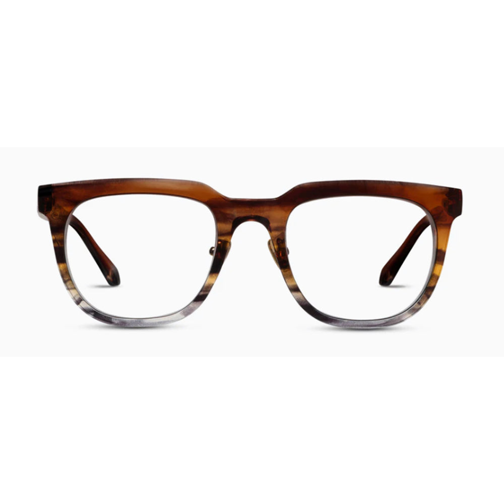 Brown tortoiseshell eyeglasses on a white background