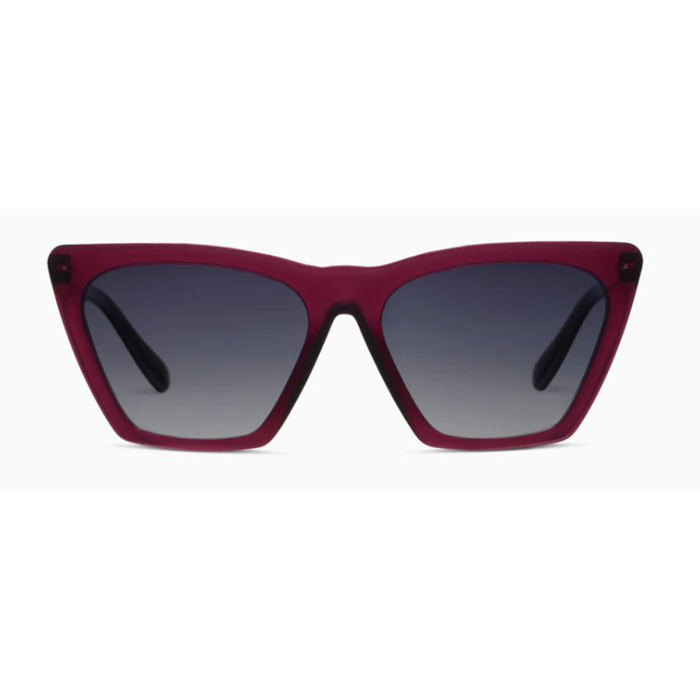 Red sunglasses with dark lenses on a white background