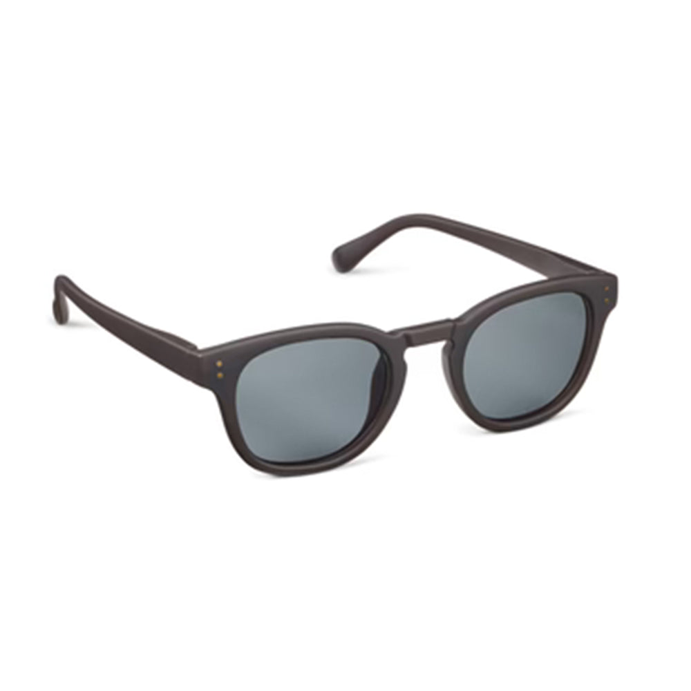 Sunglasses with dark brown frame and gray lenses on a white background