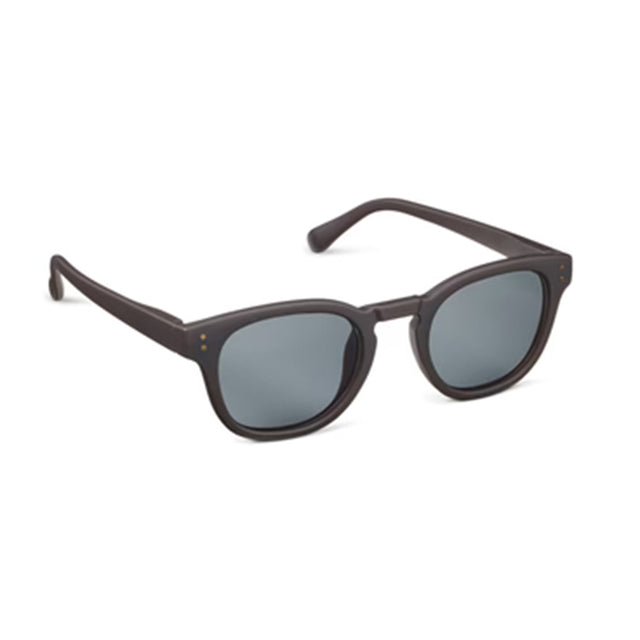 Sunglasses with dark brown frame and gray lenses on a white background
