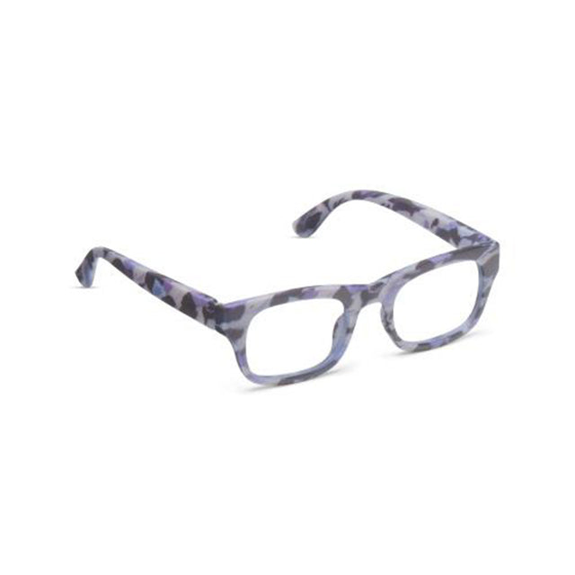 Pair of glasses with a blue and gray pattern on a white background