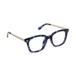 Blue tortoiseshell eyeglasses with beige arms on a white background