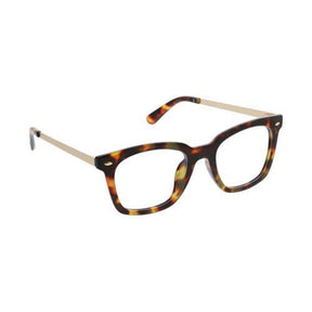 Tortoiseshell eyeglasses with gold accents on a white background
