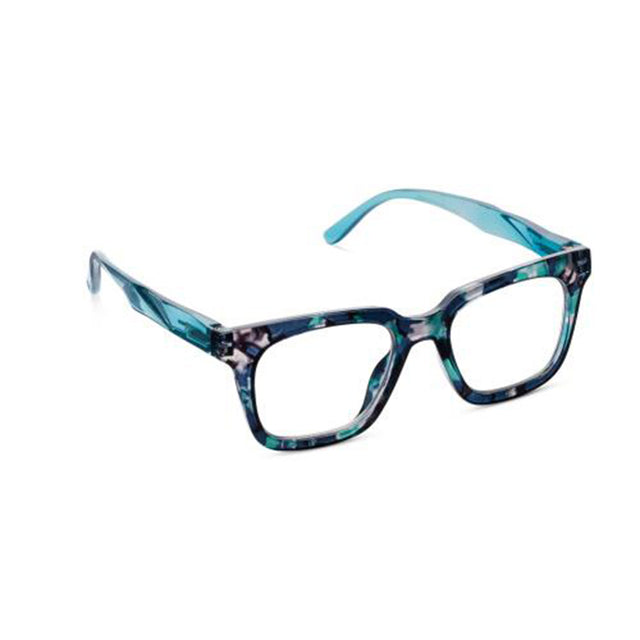 Blue and black tortoiseshell eyeglasses on a white background