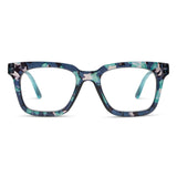 A pair of square-framed reading glasses with a marbled blue and green quartz pattern and metallic temples.