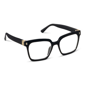 Black eyeglasses with gold accents on a white background