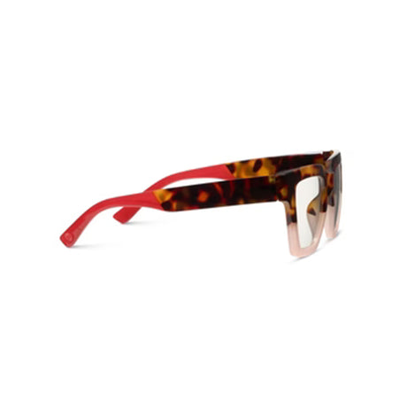 eyeglasses with red frame and tortoiseshell arms on a white background