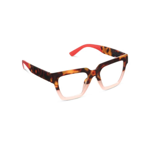 eyeglasses with red frame and tortoiseshell arms on a white background