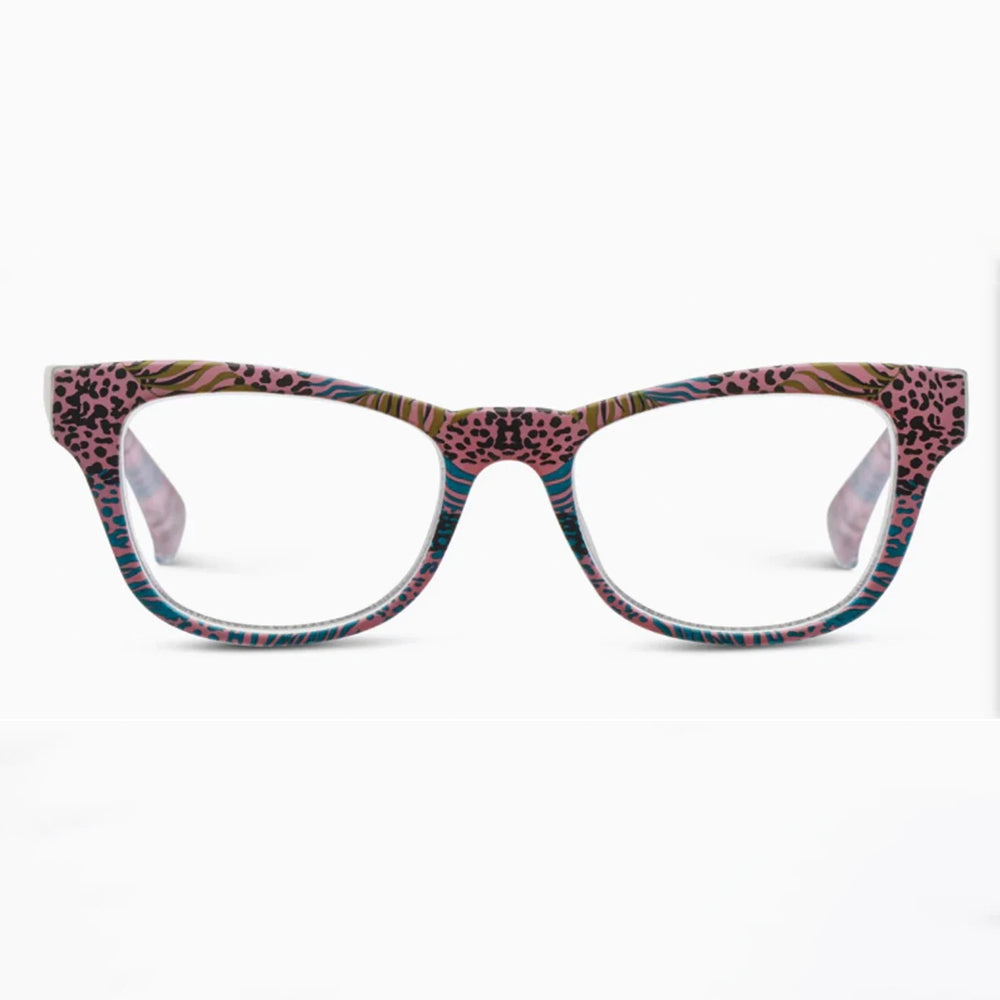 Glasses with a colorful cheetah print frame on a white background