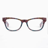 Glasses with a colorful cheetah print frame on a white background