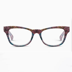 Glasses with a colorful cheetah print frame on a white background
