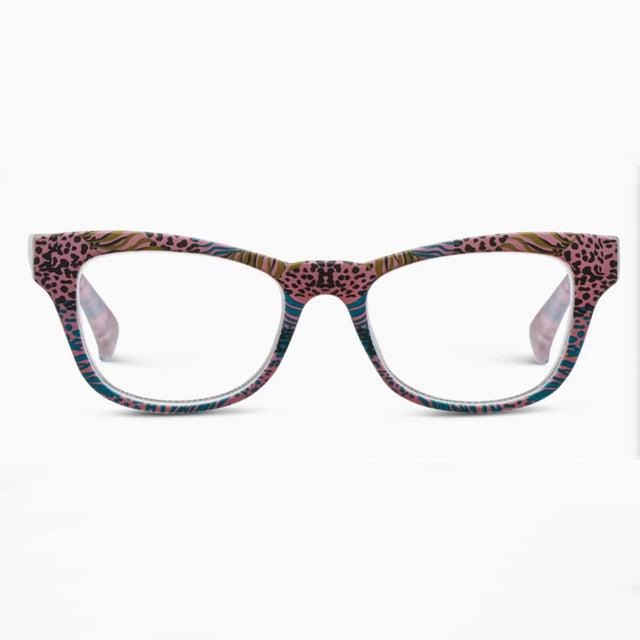 Glasses with a colorful cheetah print frame on a white background