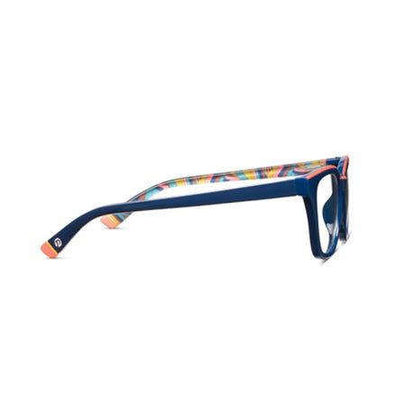 Colorful eyeglasses with a blue frame on a white background