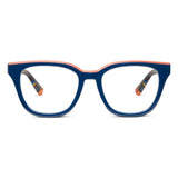 Blue eyeglasses with orange accents on a white background