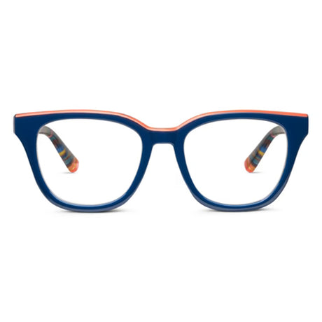 Blue eyeglasses with orange accents on a white background